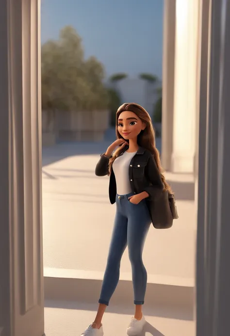 Uma menina, standing long hair, liso, black  vestindo uma camisa, Denim Jeans Pants, tenis branco, segurando uma flauta, fundo branco, barnet, toon, estilo pixar, 3d, desenhos animados, rosto detalhado, asymmetrical 16k