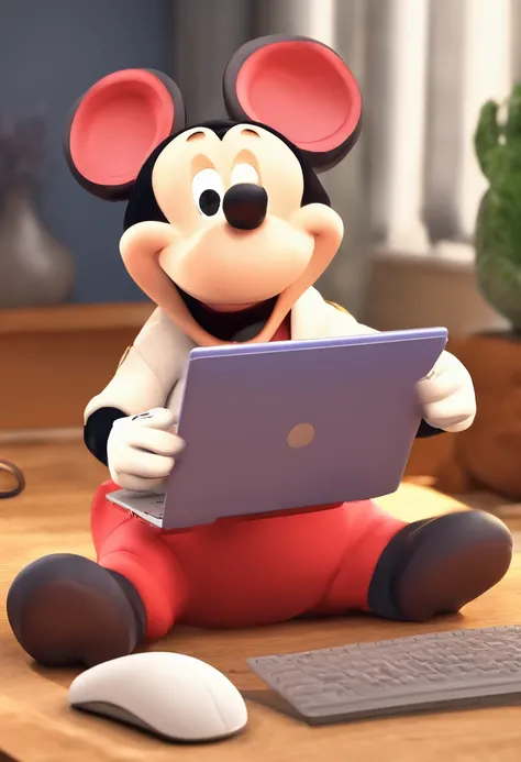 criar uma imagem estilo Disney de um homem gordo com laptop no colo e usando boina branca e camiseta preta