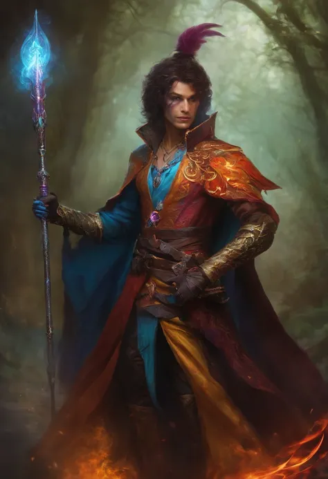 fantasy character, warlock, wielding unique weapons, colorful, full body, theatrical