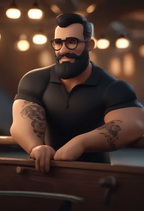 Cartoon character of a man with black glasses and a black polo shirt, cabelo liso, With beard and old school tattoo on his arm, animation character, Caractere estilizado, animation style rendering, 3D estilizado, Arnold Maya render, 3 d render stylized, to...