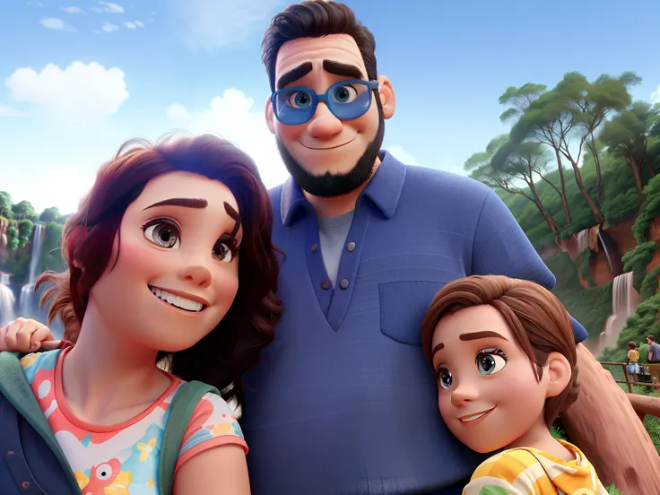 iguassu falls at the background, pixar style, disney make up, family moment