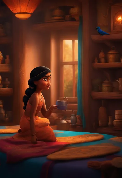 Um filme inspirado na Disney Pixar (MENINA india JOVEM COM CABELO LONGO  PRETO) dentro A cena estar na arte distinta do estilo PIXAR, descolada e estilosa