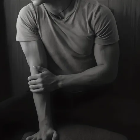 uma foto em preto e branco de um homem sentado em uma cadeira, folded arms, arms crossed on chest, posing with crossed arms, folded arms, arms crossed, sentado com os pulsos juntos, depressed dramatic bicep pose, Pose masculina, pose 4 de 1 6, Detailed arm...