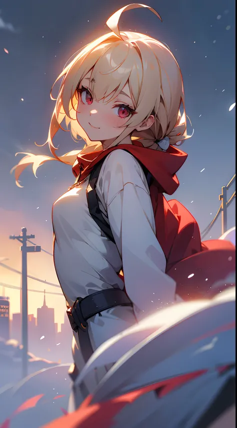 1girl in,a blond、Pony tail、Ahoge、Red Eyes、small tits,A smile、Laugh、Wearing a red hoodie,city,winter snow,Night,absurderes,hight resolution, ultrasharp, 8K, masutepiece, Looking at Viewer, Fantasy, Magical, Snow-covered rooftop, Frozen breath rises, Glowing...