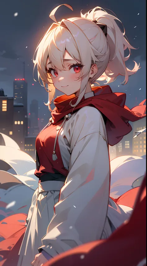 1girl in,a blond、Pony tail、Ahoge、Red Eyes、small tits,A smile、Laugh、Wearing a red hoodie,city,winter snow,Night,absurderes,hight resolution, ultrasharp, 8K, masutepiece, Looking at Viewer, Fantasy, Magical, Snow-covered rooftop, Frozen breath rises, Glowing...