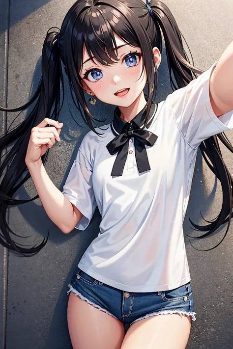 selfie, ,Beautiful illustration、masterpiece, top-quality,  from above, night, ((alley)), 1 girl,A Cute little girl、mini girl, 4th grade elementary school student、make up,  talking, seductive smile, open mouth, black hair, twintails, blue eyes, (hotpants),T...