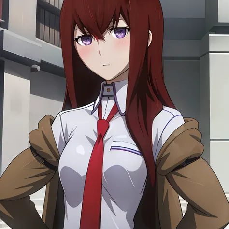 ((masterpiece,best quality,ultra detailed,8k)),brown_hair,collared_shirt,jacket,long_sleeves,makise_kurisu,standing,red_necktie,solo,1girl,white_shirt,perfect face,red_hair,purple_eyes,((blush)),upper body,(close_mouth)