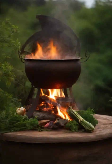 Iron cauldron over the fire in the center of the image with herbs around, sendo elas arruda, Guinea, peregum vermelho. A 7-day white candle on the left side of the cauldron. all on top of a rustic wooden table. It has a funereal and magical touch.