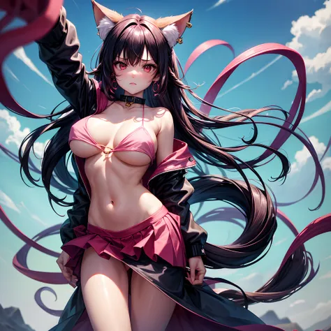 Tentacles wrap arms and legs,Girl vaginal licking tentacles ,1girl, Silly, High Definition, Ultrasharp, 8K, masterpiece, Looking at viewer, Thighs, breasts, huge breasts, Cleavage, Underboob, long hair, black hair, red eyes, Earrings, Collar, Crop top, ope...