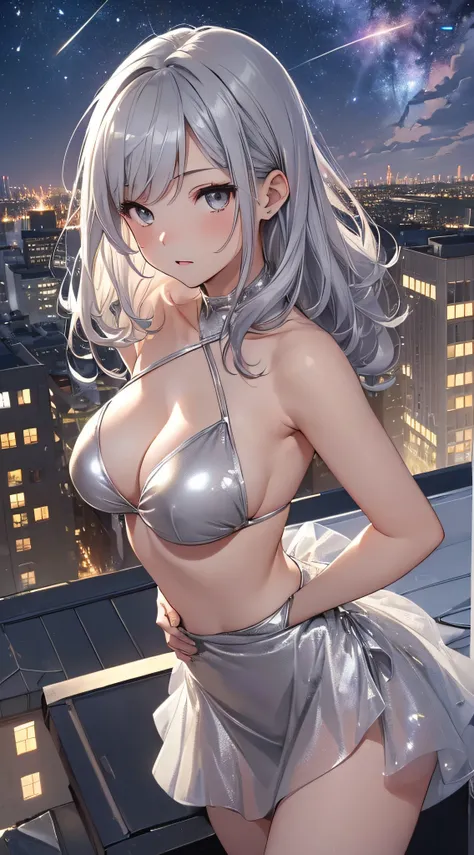 top-quality、Top image quality、​masterpiece、girl with((sixteen years old、Best Bust、small tits,beautiful silver eyes、Breasts wide open,Silver-haired shorthair、Bundled hair、A slender、Large valleys、Silver Bikini、Silver dress,Slouching posture、Silver short skir...