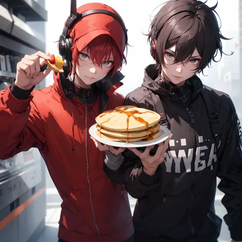 cyber punk style，Trendy man in red clothes，Headsets，In his left hand, he holds a pancake fruit，Bite the bun with your right hand，