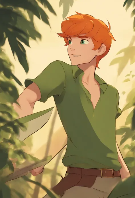 masterpiece, best quality, 1boy, peter pan, solo, closeup, short hair, orange hair, green collared shirt, short sleeves, hat feather, male focus, pointy ears,