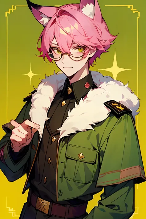 A young man with pink hair, short, fluffy hair, parted in the middle. wearing gold round glasses Yellow eyes, wearing a Soviet soldiers uniform, has Lynx ears, has a mysterious smile on his face, and has a sharp green color. and without a twinkle in the ey...