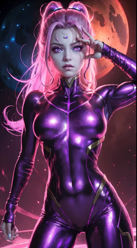 ((masterpiece)), ((8k resolution)), ((a child female super villian)), huge, metallic, red eyes, in purple planet, muscular, strong, (((4k))), ((((highly detailed)))), strong, aura, glow, neon