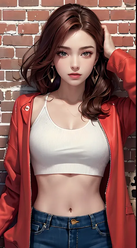 (masterpiece, best quality, (1 girl and 2 boys) , ((trio)), intricate details, chromatic aberration), realistic, ((medium breath)), different hair, red head ornament, hair over one eye,brown eyes, earrings, sharp eyes, neon shirt, open jacket, crop top, (s...