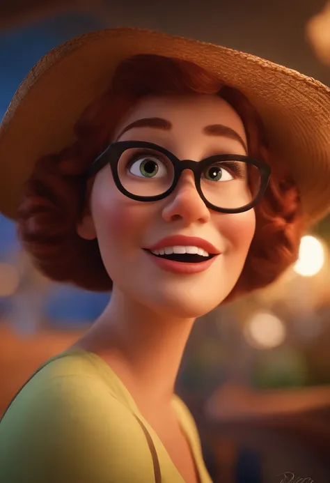 Pixar style image with 3D character glasses, mulher gorda branca cabelos cacheados louro longos e um pouco gordinho, Maquiagem Disney,Pescador, bonitinhoEstilo Pixar, alta qualidade sorridente ,Close-up, Pixar, Disney, Cinema lighting,