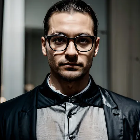 Decim (Desfile da Morte), 1 Homem, 35 anos,(cerdas pretas), Man wearing glasses, rosto de close-up, foto do perfil,vestidos em um estilo formal e contido, uma jaqueta preta,camisa branca, um olhar profissional,cabelos branco-cinzas, cor prata, olhar cansad...