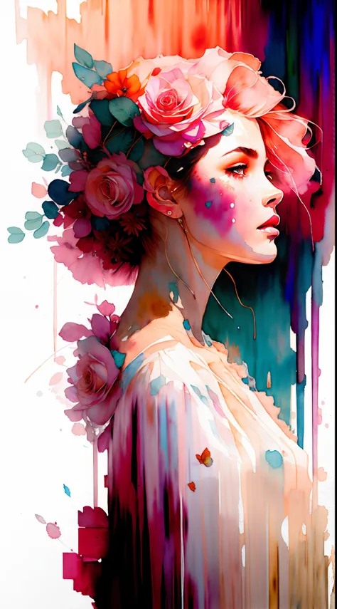 wtrcolor style, (rose) digital art, official art, blown by the wind, masterpiece, beautiful, ((watercolor)), paint splatter, intricate detail. Great detail, [dripping:0.7], Trending on Artstation, Rachel Walker