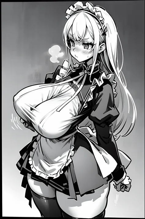 ((1girl, monochrome)), doujin, line-art drawing of a woman in a maid outfit, curvy, (huge round heavy breasts), very narrow waist, thick thighs, ((shortstack)), grumpy, thick black lineart, maid dress,