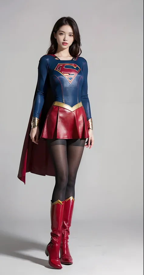 Beautiful girl fighting、japanes、Cute Beautiful Girl、(((Wear black tights on your beautiful legs.)))、(((beauty legs)))、(((Open thighs)))、((((Make the most of the original image)))、(((Supergirl Costume)))、(((Beautiful hair in a short cut)))、(((Injured)))、(((...