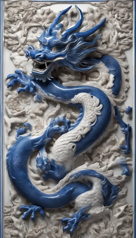 Blue and white porcelain,Ceramic Chinese dragon，Ancient style，artwork of a，Ornaments， High detail, .3D， Chiaroscuro, Cinematic lighting, god light, Cinematic lighting, hyper HD, High details, Best quality, A high resolution, Textured skin