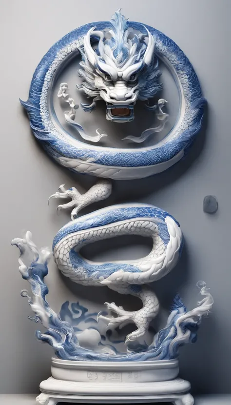 Blue and white porcelain,Ceramic Chinese dragon，Ancient style，artwork of a，Ornaments， High detail, .3D， Chiaroscuro, Cinematic lighting, god light, Cinematic lighting, hyper HD, High details, Best quality, A high resolution, Textured skin