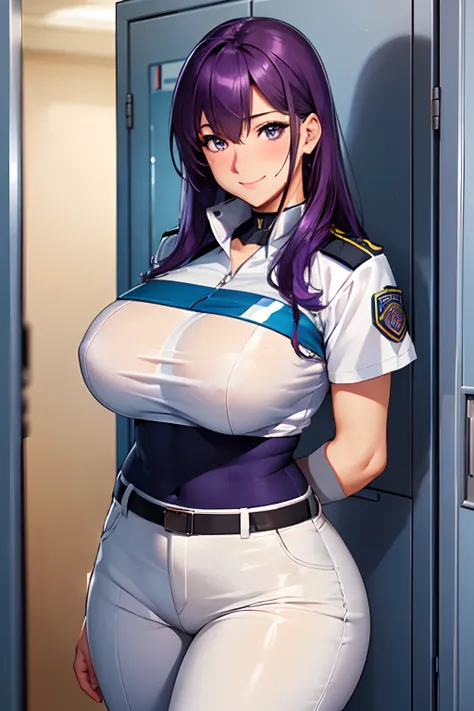 (High quality, High resolution, Fine details, Realistic), Locker room, Women police officers clothing, long pants, solo, Curvy women, sparkling eyes, (Detailed eyes), Purple hair, smile, blush, Large breasts, Sweat, Oily skin, Shallow depth of field