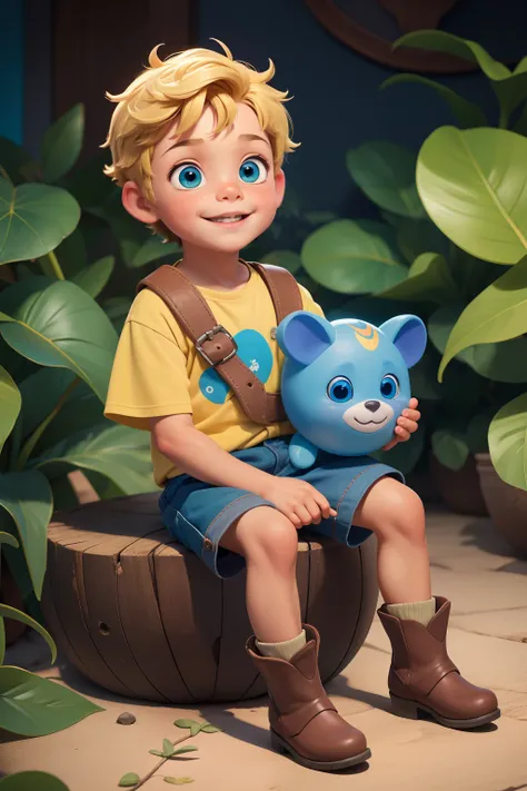 A Jornada dos Pequenos Exploradores: a happy little boy sitting on the floor, na floresta, com uma pequena mochila azul nas costas, blusa amarela, bermuda preta, bota de trilha azul,blond hair ,eyes green