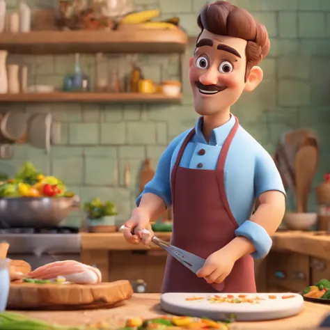 Crie uma cena de desenho animado  estilo 3d -Pixar, Onde um homem, de cabelos pretos com 35 anos de idade, he is cooking dressed as a chef, seafood and vegetables