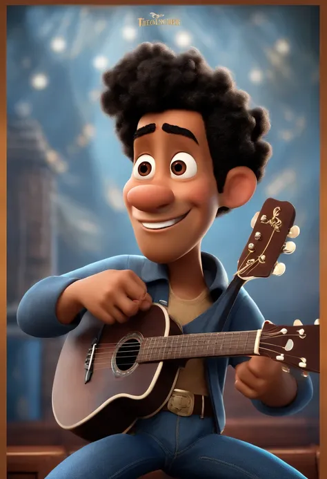 Criar cartaz de filme estilo Disney Pixar  em 3d, homem alto, gordinho com camiseta preta, Denim Jeans Pants, botina militar cor areia, cabelo curto com topete, Visible mole on the cheekbone on the right side, singing and playing a Black Folk guitarwith th...