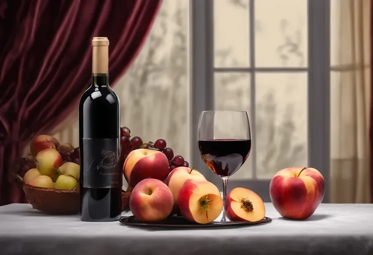 A red wine bottle and apples and peach on the table, a napkin and wine glass,  window lighting , background curtains, still life impasto painting , dark background,The label on wine white, wine name is "AREVI"