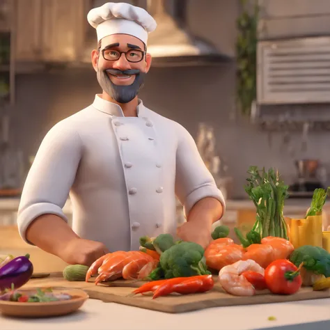 Crie uma cena de desenho animado  estilo 3d -Pixar, Onde um homem, de cabelos pretos com 35 anos de idade, he is cooking dressed as a chef, seafood and vegetables