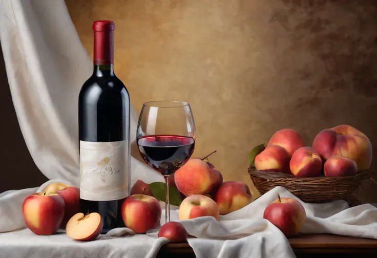 A red wine bottle and apples and peach on the table, a napkin and wine glass,  window lighting , background curtains, still life impasto painting , dark background,The label on wine white, wine name is "AREVI"