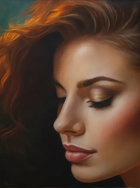 A master oil painting，Close-up of the side face of a beautiful woman