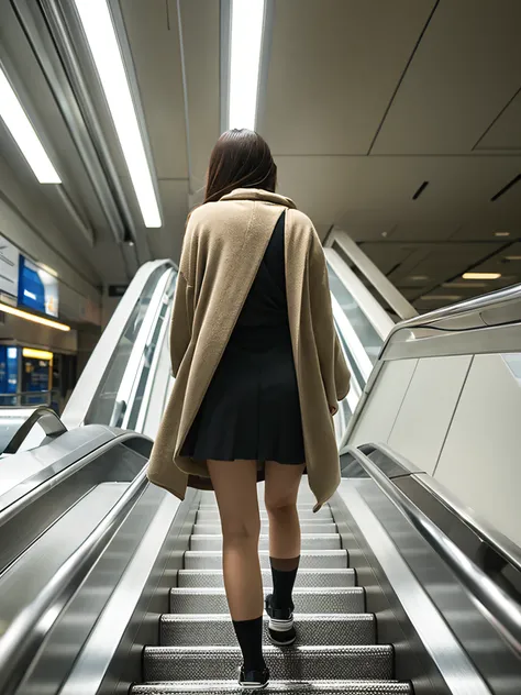 Up Escalator Skirt、short coat、bottom body close up、View from behind、Very low camera angle、Slouched、bent forward