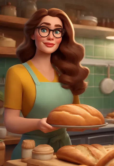 Crie um personagem no estilo disney Pixar 30-year-old woman, light brown and wavy hair just below her shoulders, blue-green eyes wearing glasses, 1.64 tall, inside a kitchen making bread and cakes