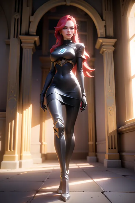 01_Red-haired demoness woman, full growth, very beautiful, long red hair, smooth, clean, white skin. Red and black short evening dress, (Pixar animation) cold backlighting from the side, expressing volume and shape. High-quality 3D visualization, simulatin...