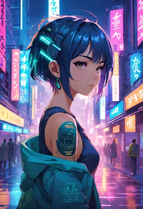 cyberpunk girl, Stadtbild, Neonlichter, Arm-Tattoos