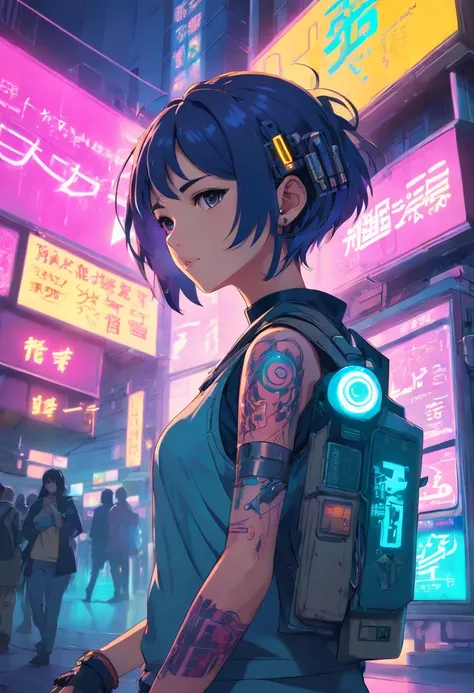 cyberpunk girl, Stadtbild, Neonlichter, Arm-Tattoos