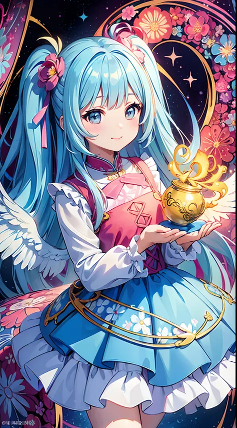 (​masterpiece、top-quality、top-quality、Official art、Beautifully Aesthetic:1.2)、(1girl in:1.3)Light blue long hair、Twin-tailed、adorable smiling、ighly detailed、(Fractal Art:1.1)、(colourfull:1.1)(florals:1.3)、highestdetailed、(Zentangle:1.2)、(dynamicposes)、(Abs...