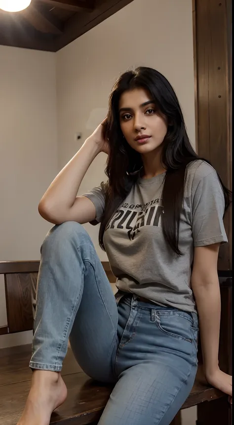 1 very beautiful pakistani girl, mature beautiful pakistani girl, wearing black basic teeshirt with skinny dark blue jeans, boto...