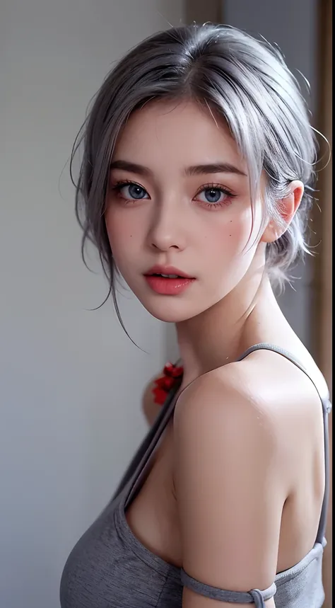 A sexy beautiful student girl,, big breasts, grey hair colours, short hair tied up, upper body, blush, beauty spot on cheek,  blue eyes like a vampire, rabbit tooth, biting her lower lip