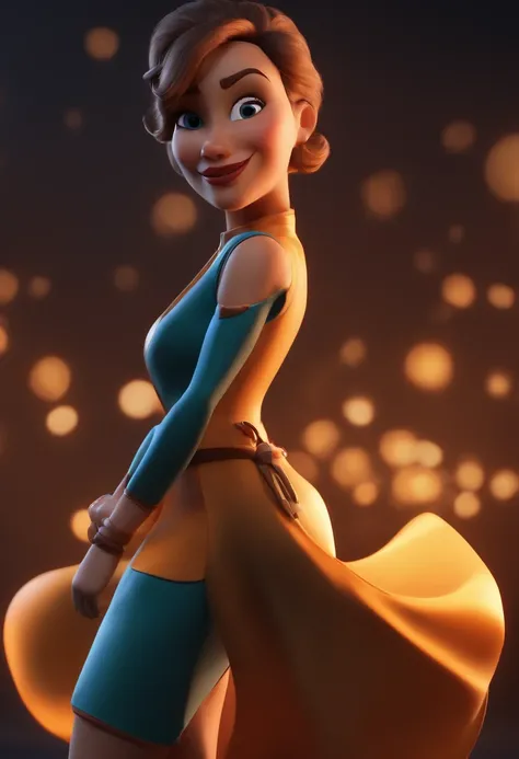 personagem dos desenhos animados de uma mulher , loira, cabelo comprido, vestido laranja neon, animation character, Caractere estilizado, animation style rendering, 3D estilizado, Arnold Maya render, 3 d render stylized, toon render keyshot, Personagem 3D,...