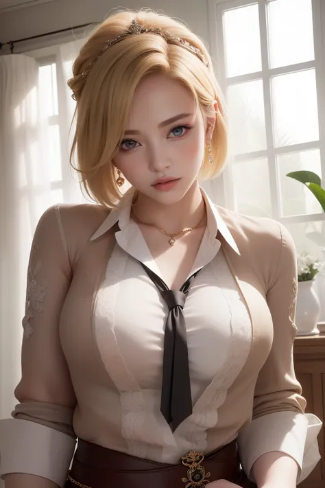 Beautiful big breasts, (bokeh), indoors, detailed luxury living room, gentle and charming beautiful goddess, Korean(kpop-idol), solo, smooth skin, necklace, (blonde hair, reds eyes, short hair), oval face, double eyelids, smart, good hands, good feet, Natu...