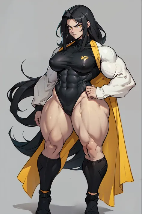 ((grey background))  pale skin black hair yellow eyes (very long hair) angry ((1 girl muscular toned body bodybuilder curvy wide hips thick thighs)) (solo full body) standing (long sleeves leotard)