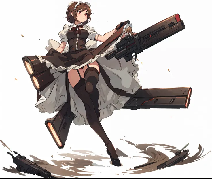 Masterpiece, Best quality, gaming console_CG, Girl, maid, Short hair, Brown hair, Serious, Red eyes, Medium breasts, Maid outfit, Firearms