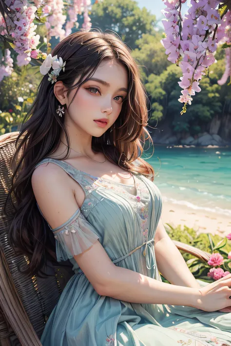 aesthetically pleasing, detailed eyes and lips, oil painting, vibrant colors, flowers in the background, gentle breeze, elegant dress, serene expression, unique perspective, peaceful ambiance, classic composition