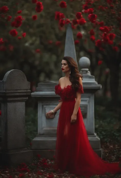 Mulher morena de cabelo cacheado, With red fan in hand, cigarro na boca,de saia vermelha com rosas pretas, in a cemetery at night