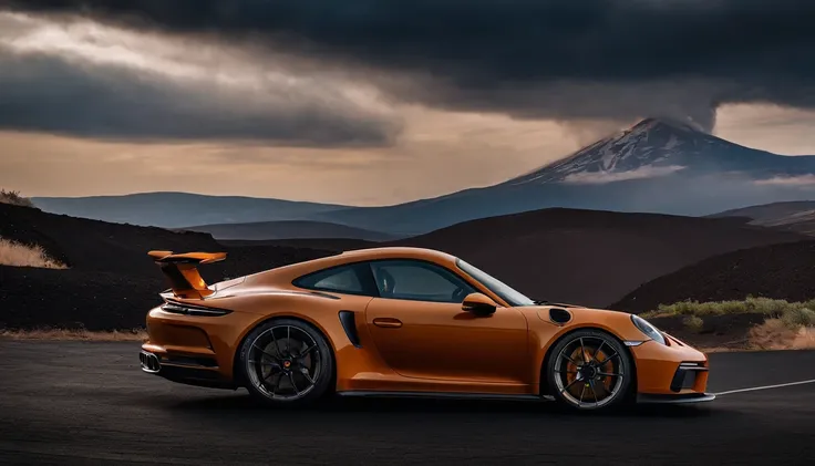 Pumping a Porsche GT3 992 at Mount Etna, Behind it is a volcanic landscape