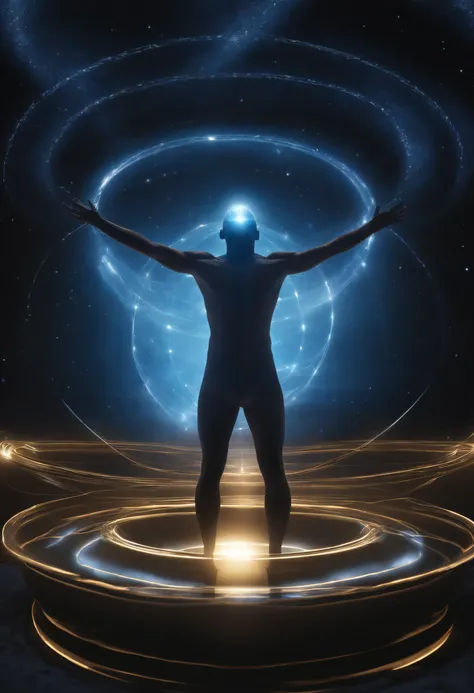 An alien healing lab A quantum vibrational extraterrestrial platform with ethereal sine waves and cybernetic codes stands out, emitting an ethereal glow. An aura of a man is inside the platform receiving energy in being ethereal light body only aura of tha...